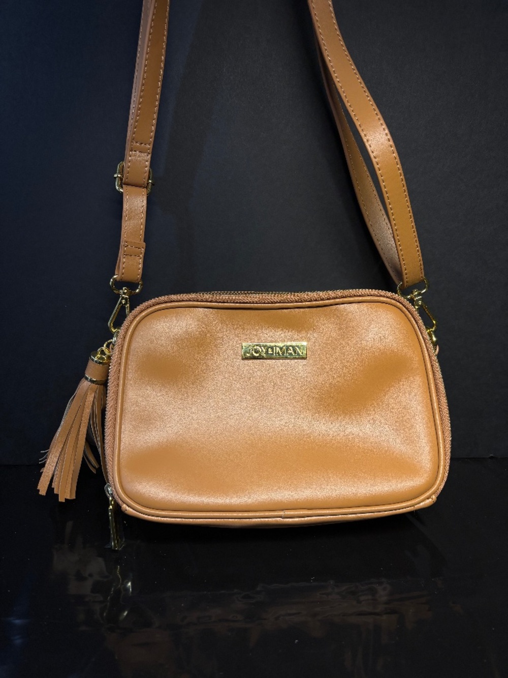 NEW Joy & Iman Camel Cognac Crossbody Bag Double Zip Tassel Adj Strap